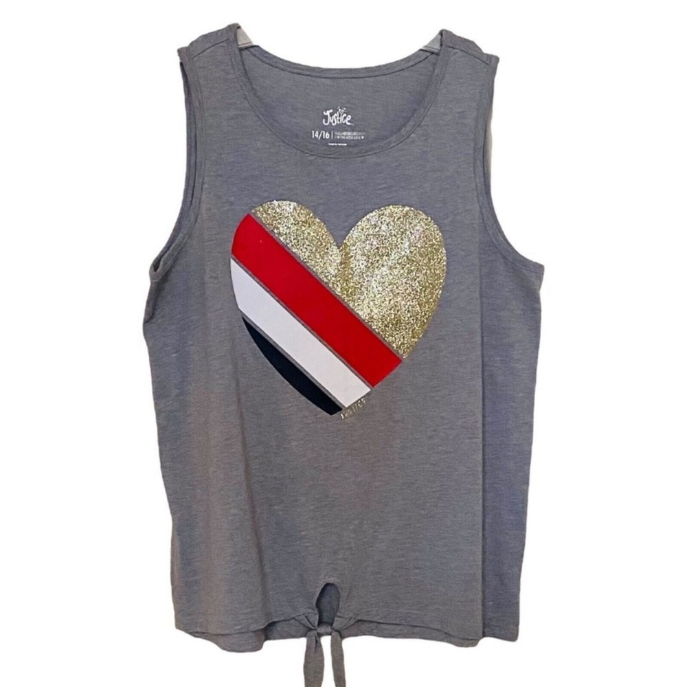 Justice Girls Tank Top Casual Grey Gold Glitter Red White Black Heart Size 10/12